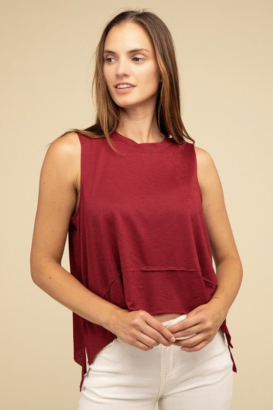 Shark Bite Side Slit Short Sleeveless Top - Global Village Kailua Boutique