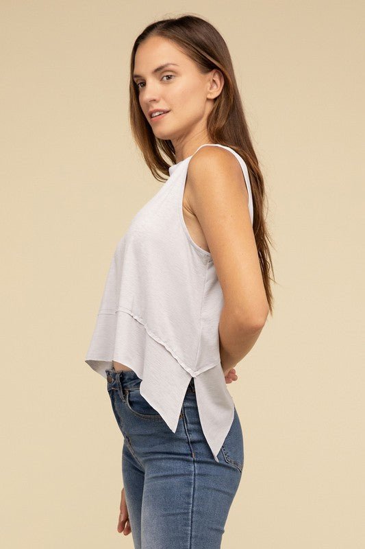 Shark Bite Side Slit Short Sleeveless Top - Global Village Kailua Boutique