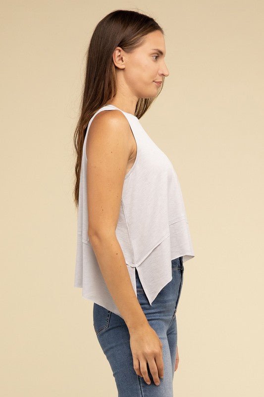 Shark Bite Side Slit Short Sleeveless Top - Global Village Kailua Boutique