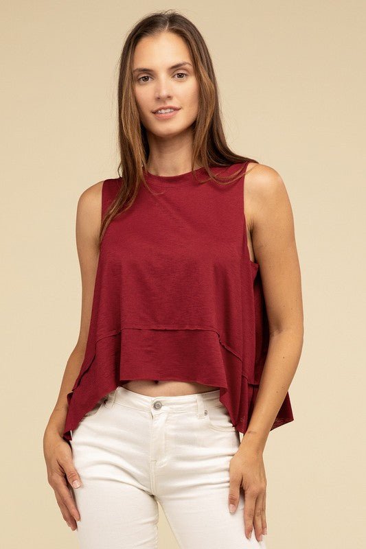 Shark Bite Side Slit Short Sleeveless Top - Global Village Kailua Boutique