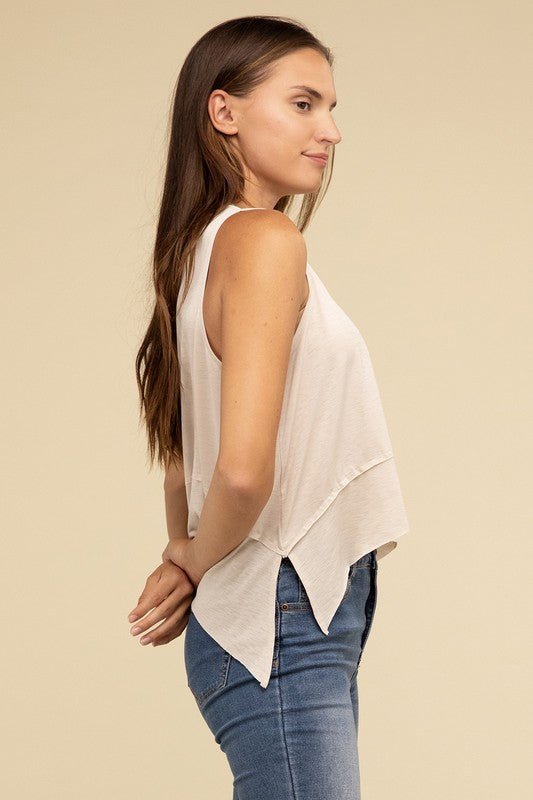 Shark Bite Side Slit Short Sleeveless Top - Global Village Kailua Boutique