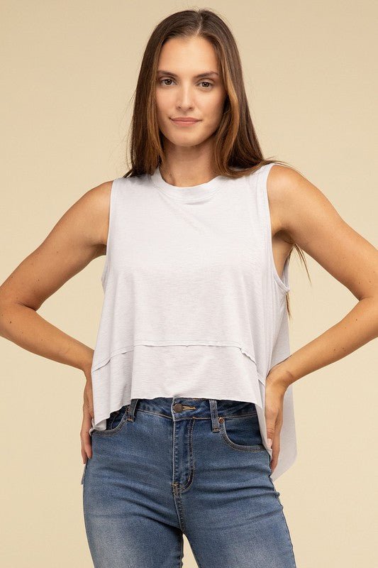 Shark Bite Side Slit Short Sleeveless Top - Global Village Kailua Boutique