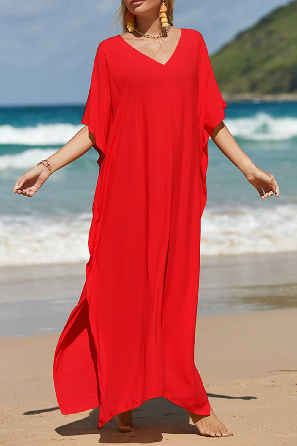 Slit V-Neck Maxi Cover-Up - Global Village Kailua Boutique