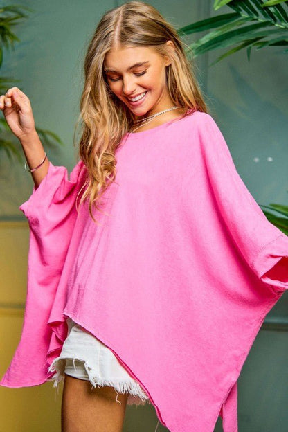 Solid Round Neck Loose Fit Kimono Sleeve Sweater - Global Village Kailua Boutique