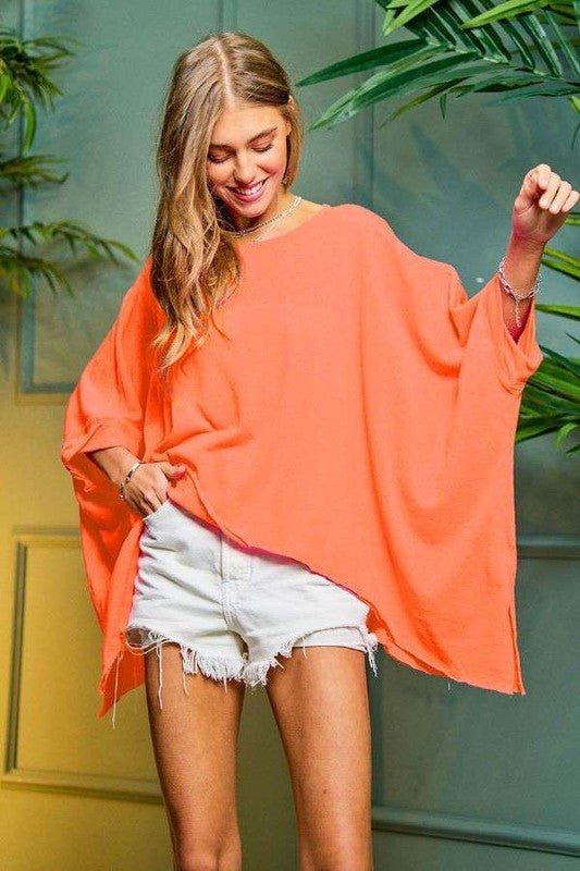 Solid Round Neck Loose Fit Kimono Sleeve Sweater - Global Village Kailua Boutique