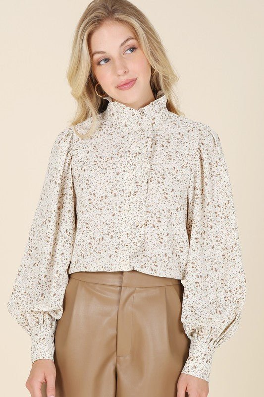 Stand collar floral frill blouse - Global Village Kailua Boutique