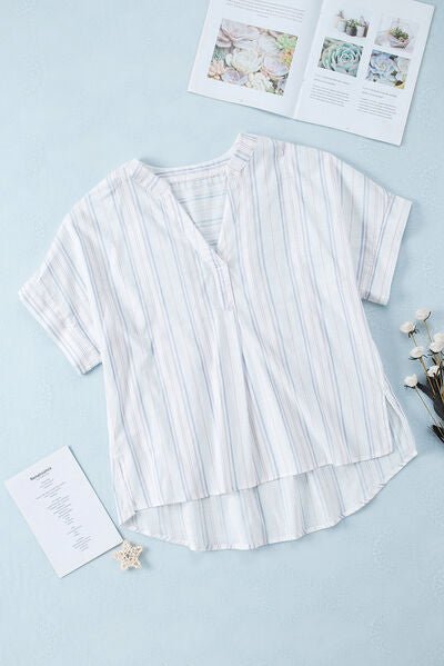 Striped Notched Short Sleeve Top - Global Village Kailua Boutique