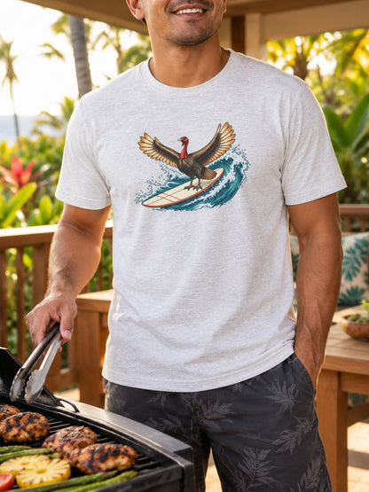 Hawaiian man grilling on a tropical lānai in an ash surfing turkey Thanksgiving T-shirt.