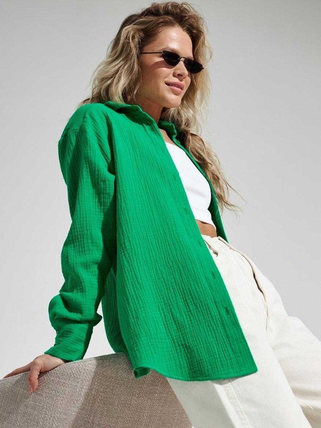 Textured Collared Neck Long Sleeve Shirt - Global Village Kailua Boutique