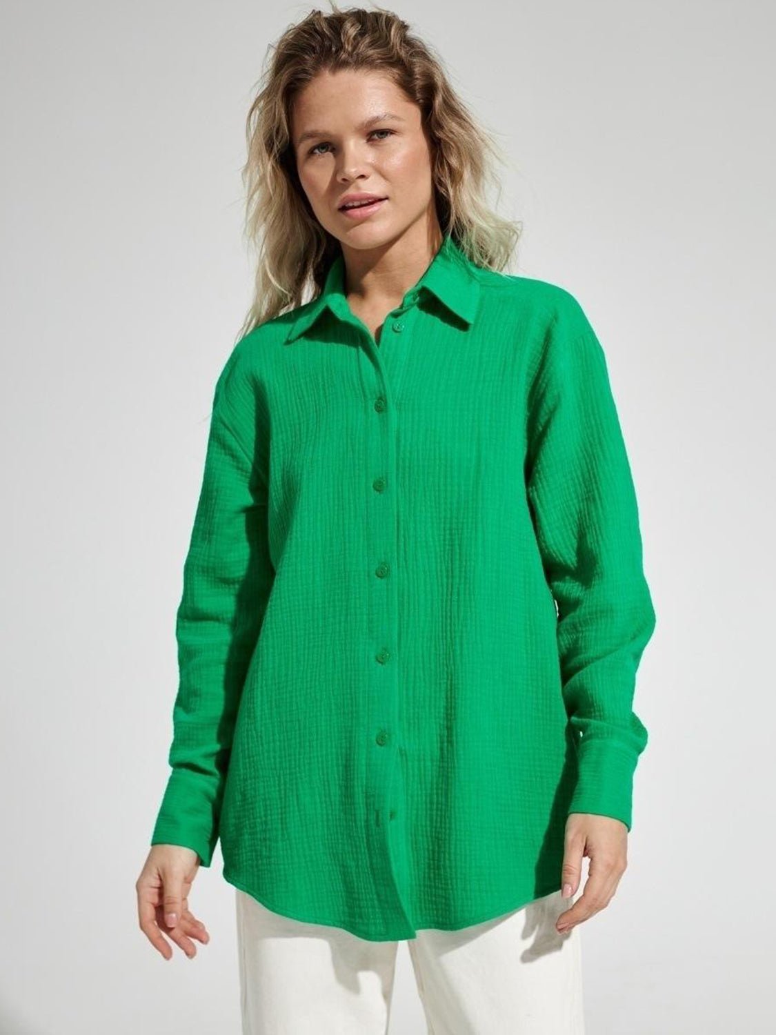 Textured Collared Neck Long Sleeve Shirt - Global Village Kailua Boutique