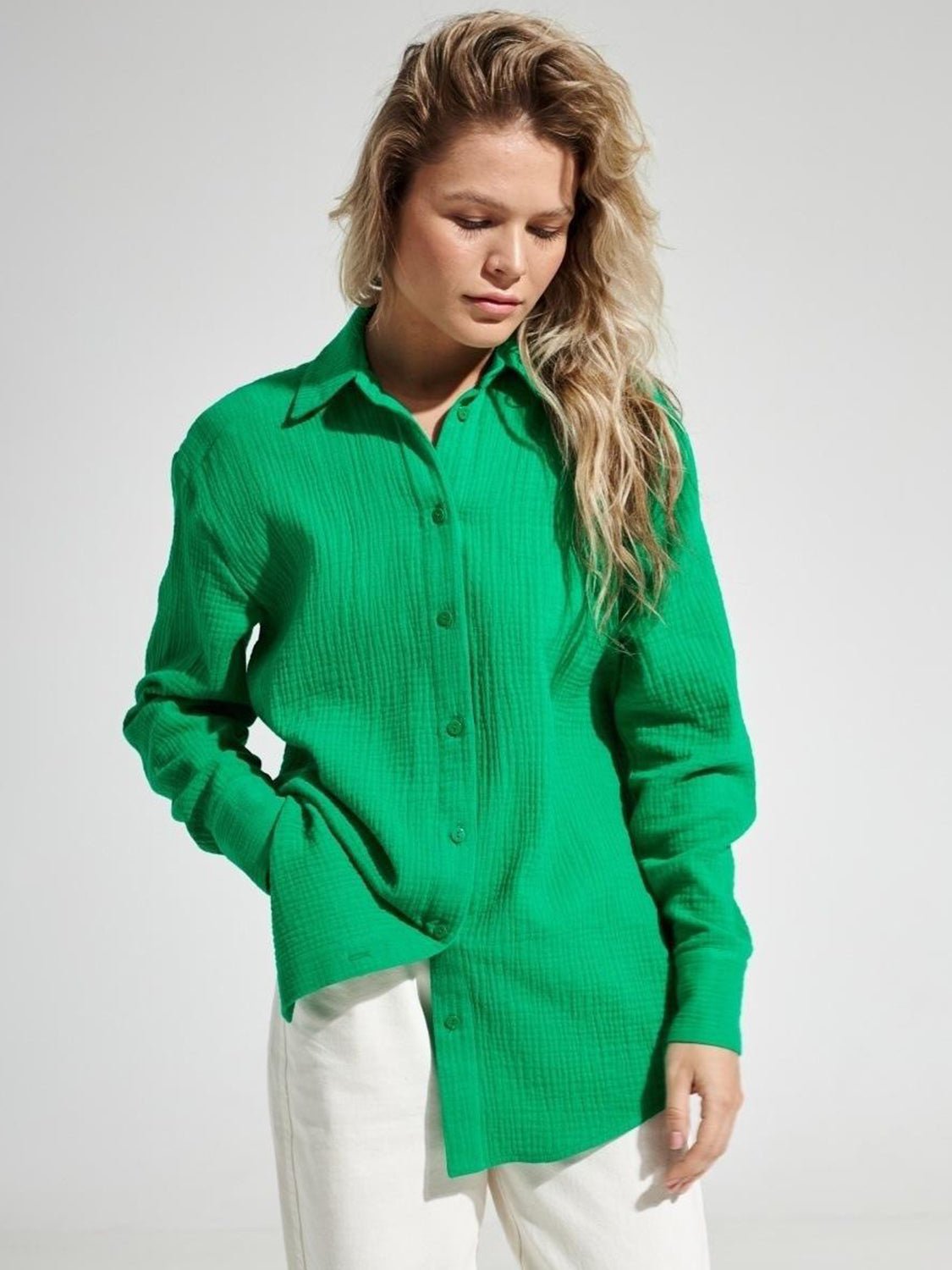 Textured Collared Neck Long Sleeve Shirt - Global Village Kailua Boutique