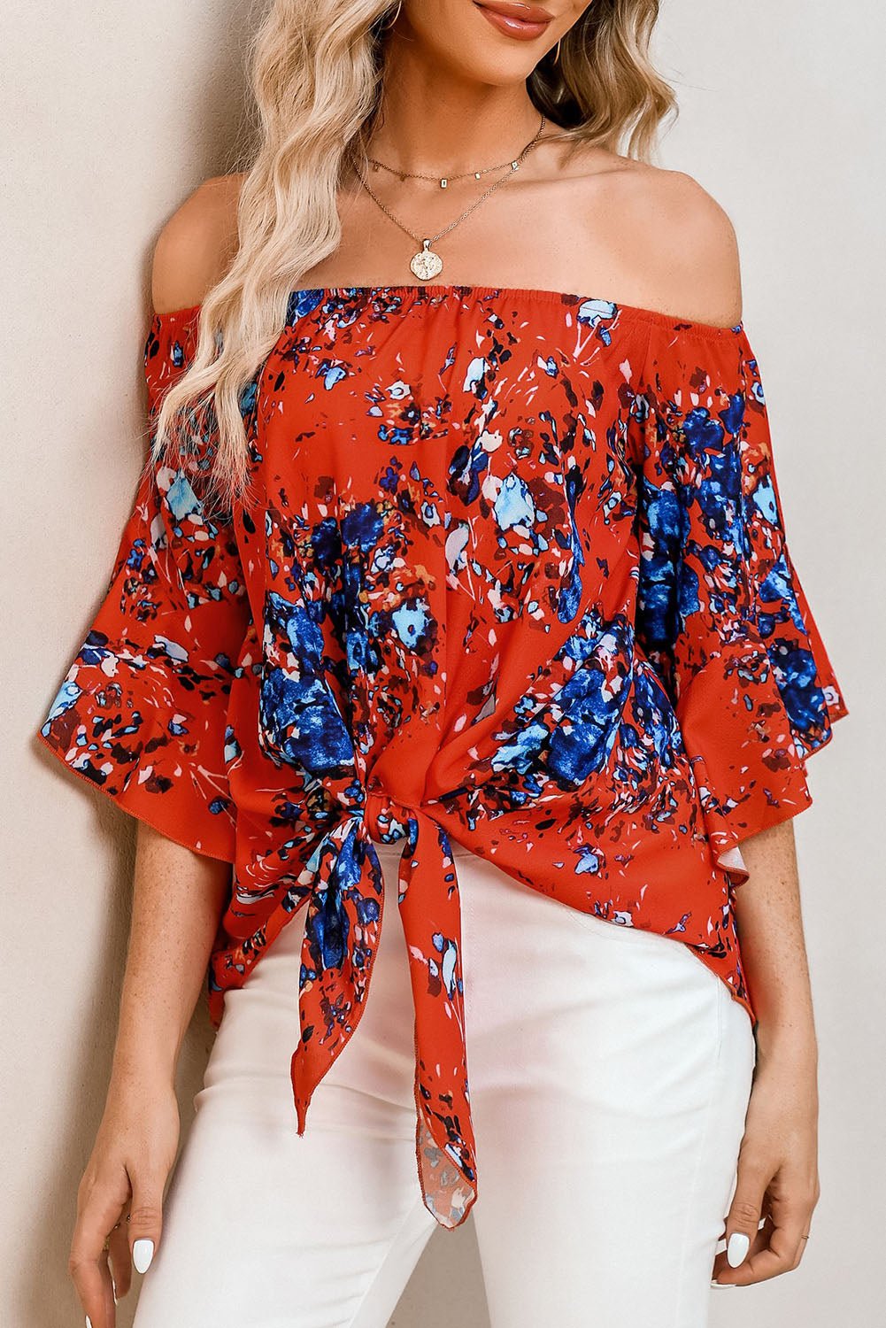 Tie Front Printed Off-Shoulder Half Sleeve Top Global Village Kailua Boutique