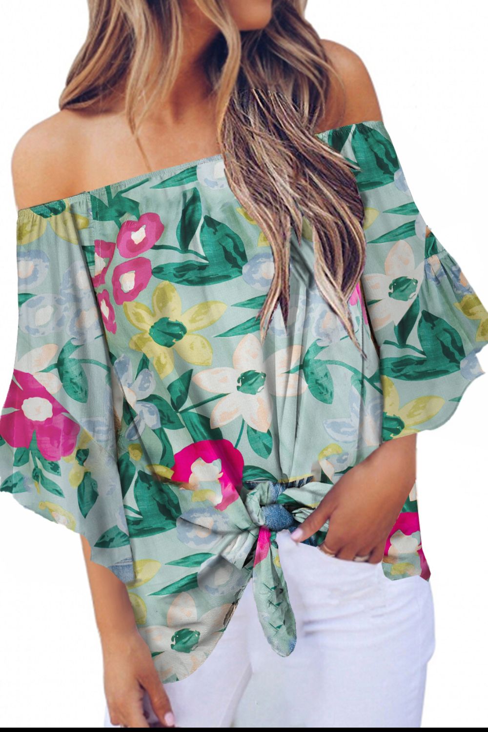 Tie Front Printed Off-Shoulder Half Sleeve Top Global Village Kailua Boutique