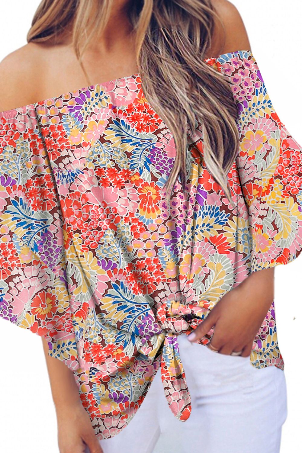 Tie Front Printed Off-Shoulder Half Sleeve Top Global Village Kailua Boutique