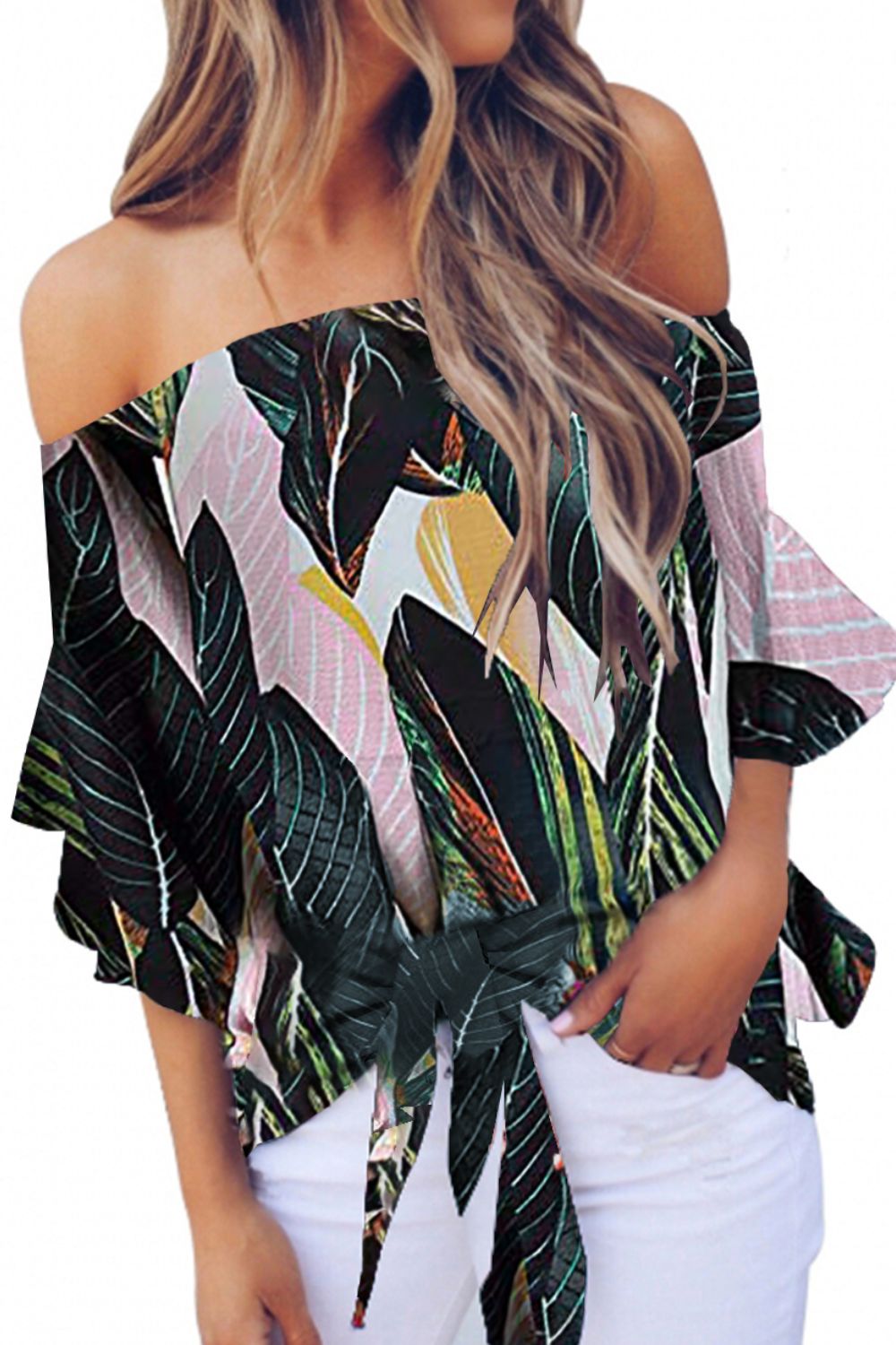 Tie Front Printed Off-Shoulder Half Sleeve Top Global Village Kailua Boutique