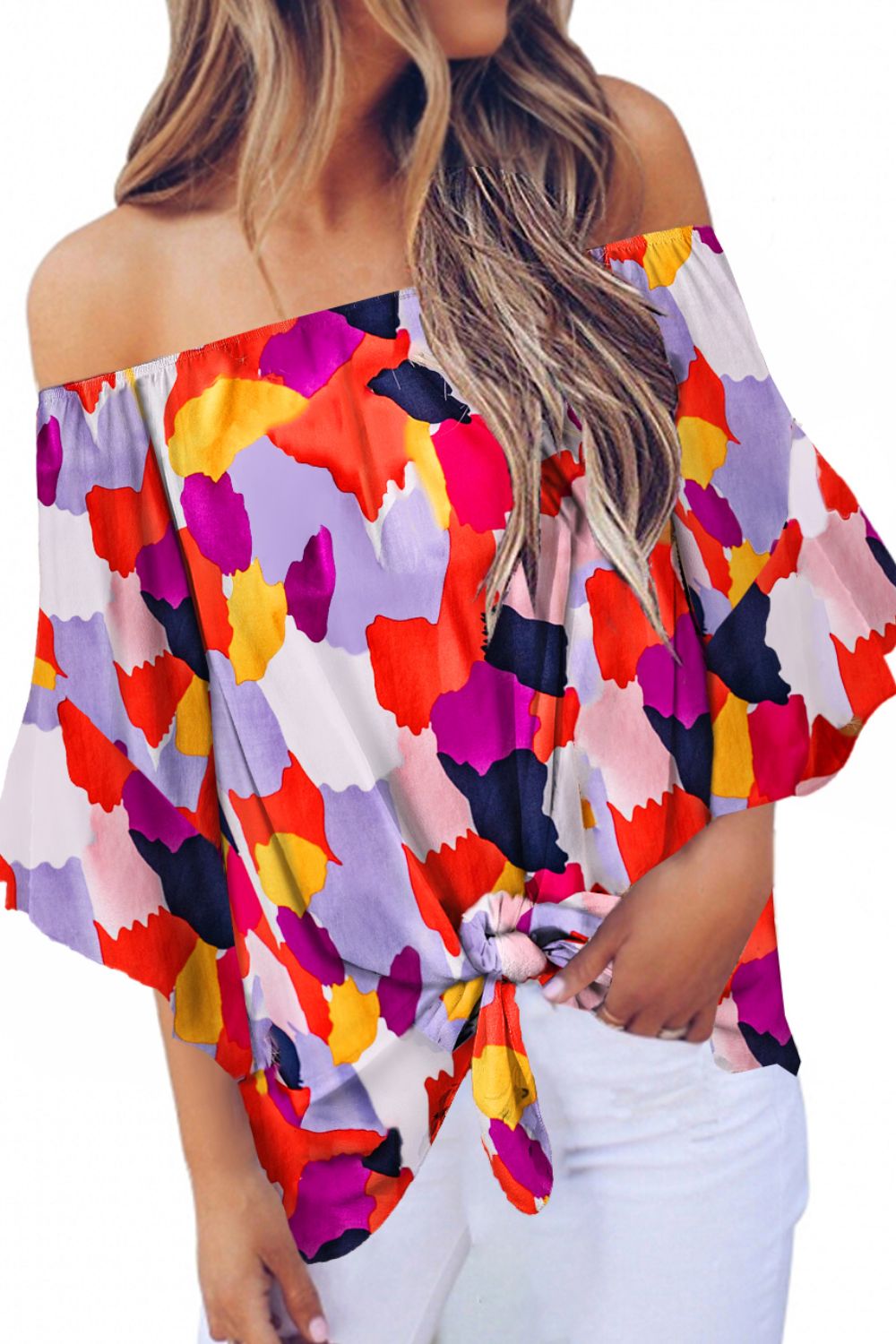 Tie Front Printed Off-Shoulder Half Sleeve Top Global Village Kailua Boutique