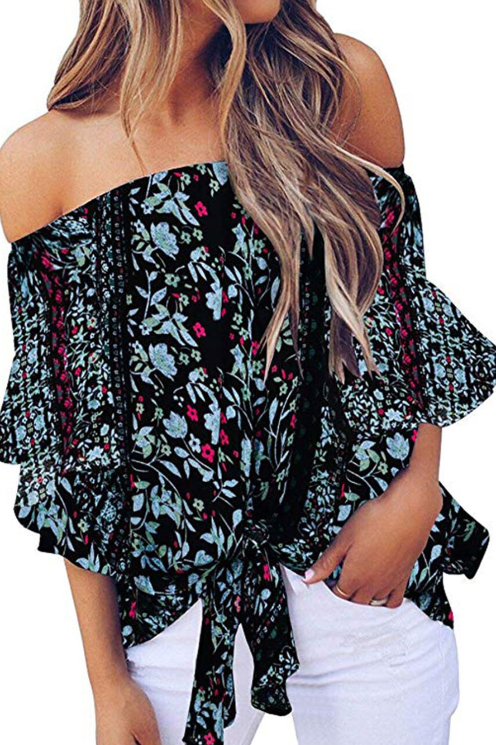 Tie Front Printed Off-Shoulder Half Sleeve Top Global Village Kailua Boutique