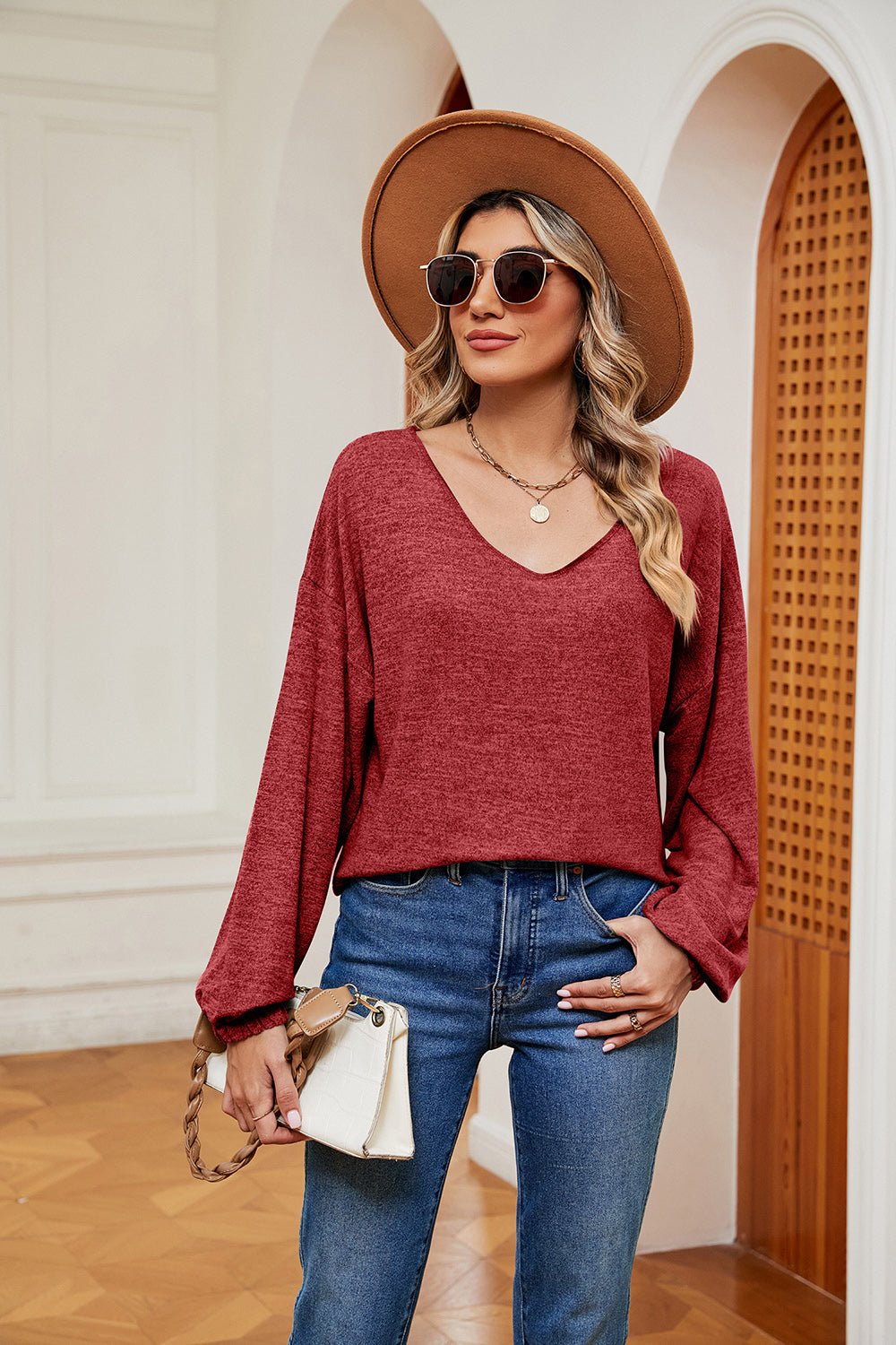 V-Neck Soft Long Sleeve Top - Global Village Kailua Boutique