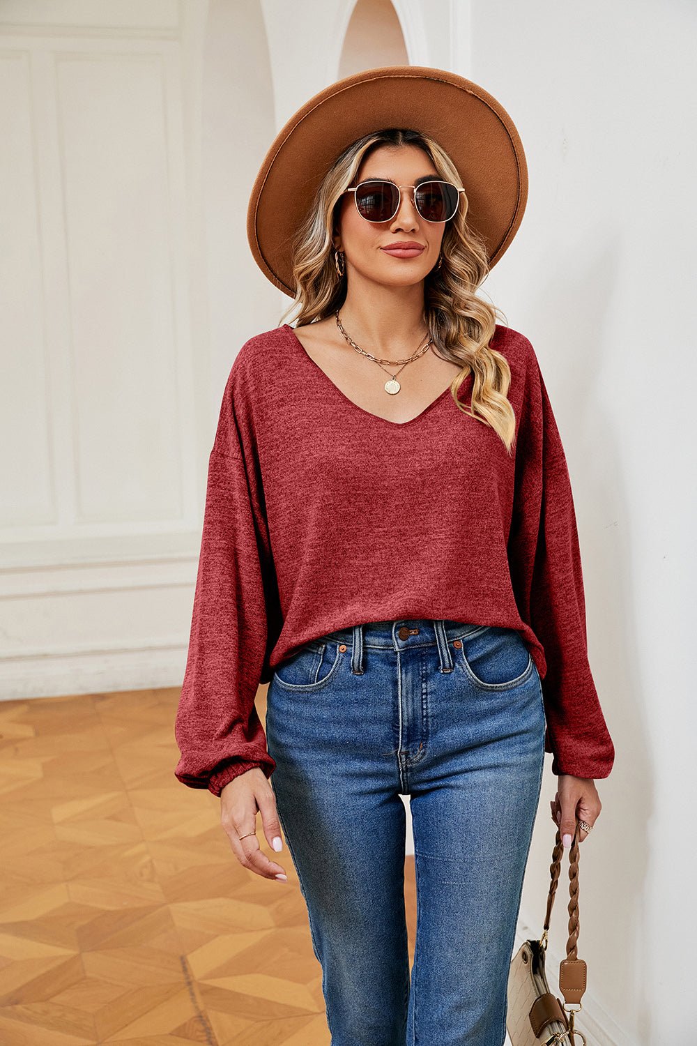 V-Neck Soft Long Sleeve Top - Global Village Kailua Boutique