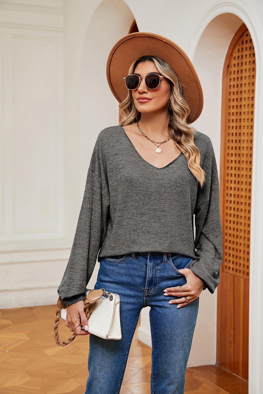 V-Neck Soft Long Sleeve Top - Global Village Kailua Boutique