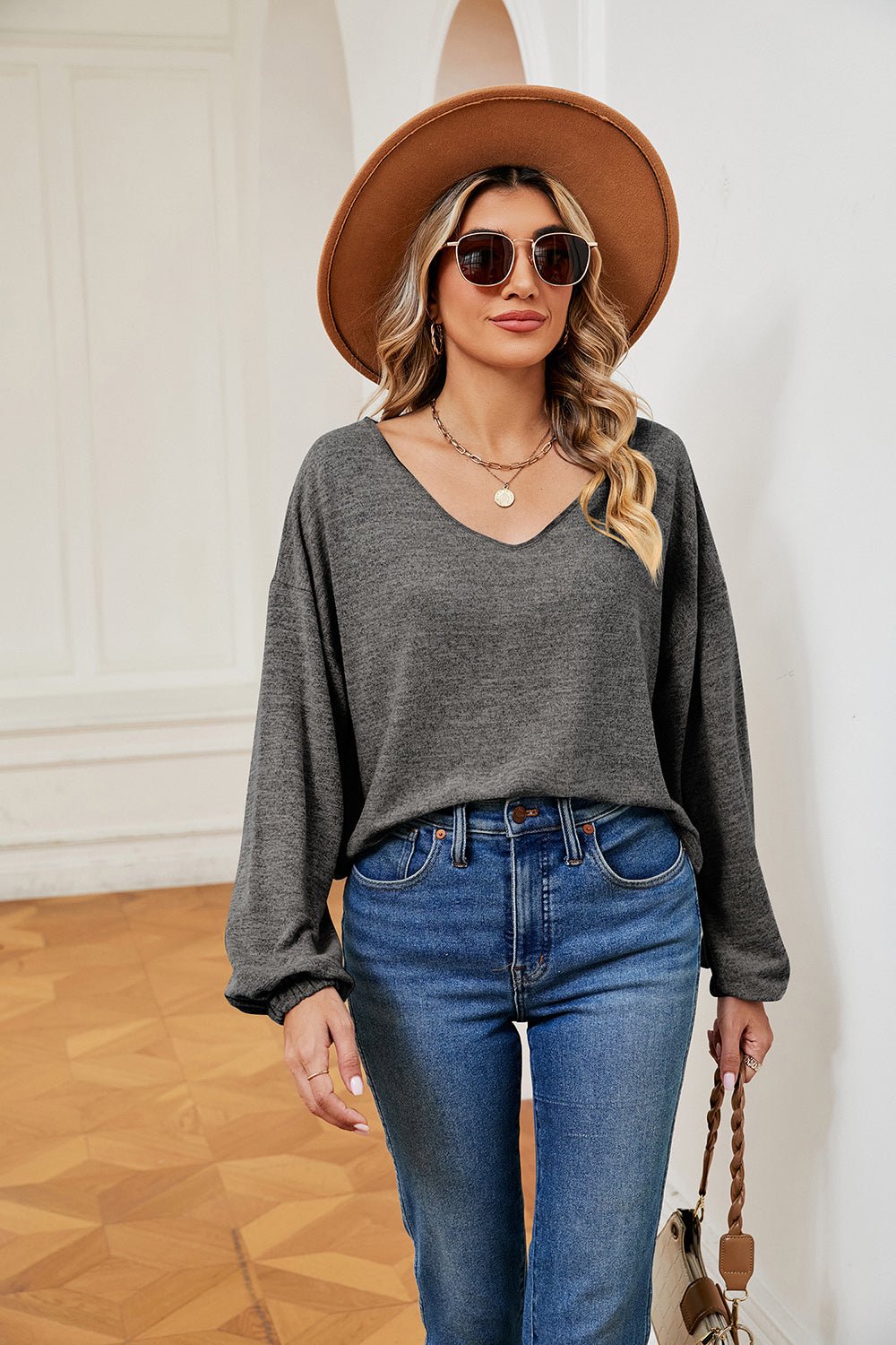 V-Neck Soft Long Sleeve Top - Global Village Kailua Boutique