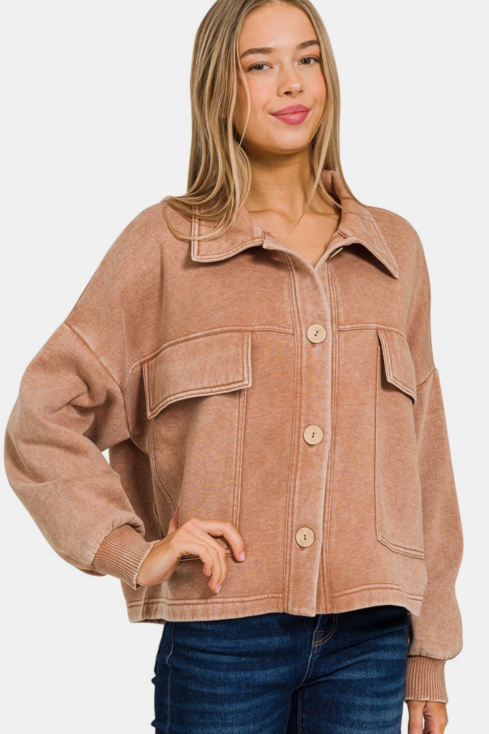 Washed Fleece Front Pocket Shacket - Global Village Kailua Boutique