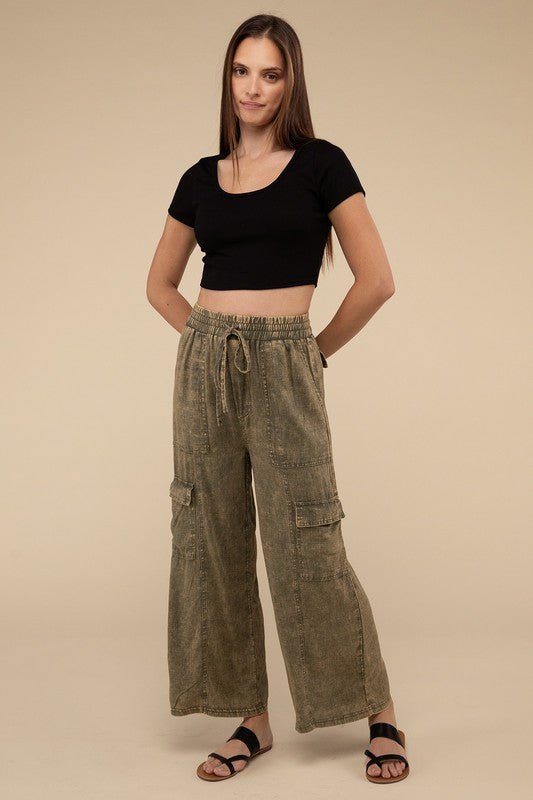 Washed Linen Elastic Band Waist Cargo Pants - Global Village Kailua Boutique