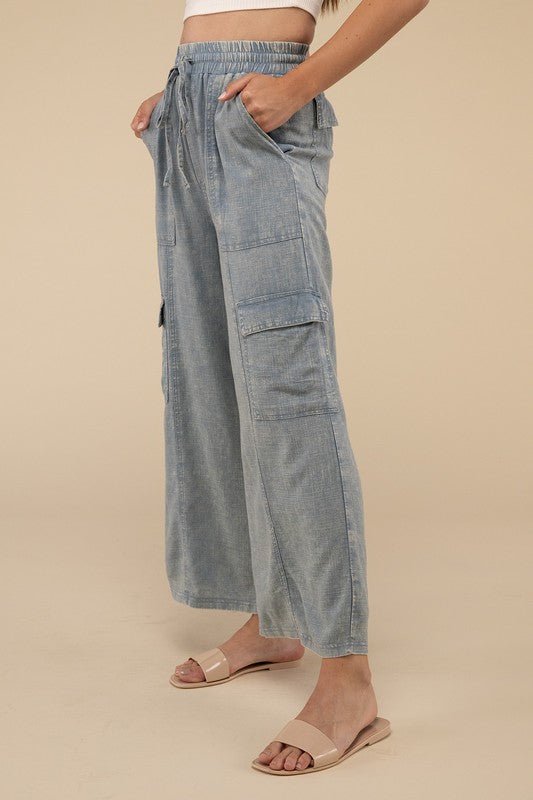 Washed Linen Elastic Band Waist Cargo Pants - Global Village Kailua Boutique