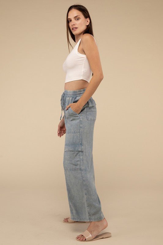 Washed Linen Elastic Band Waist Cargo Pants - Global Village Kailua Boutique