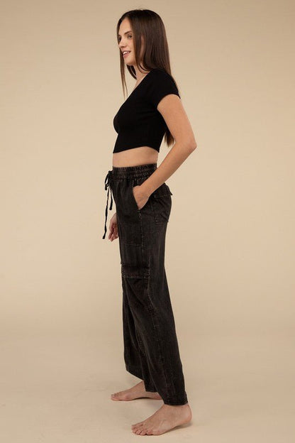 Washed Linen Elastic Band Waist Cargo Pants - Global Village Kailua Boutique