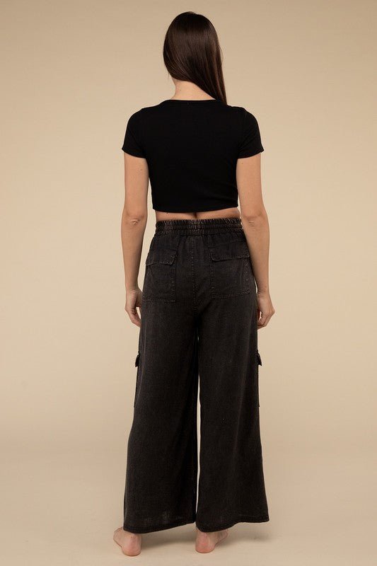 Washed Linen Elastic Band Waist Cargo Pants - Global Village Kailua Boutique