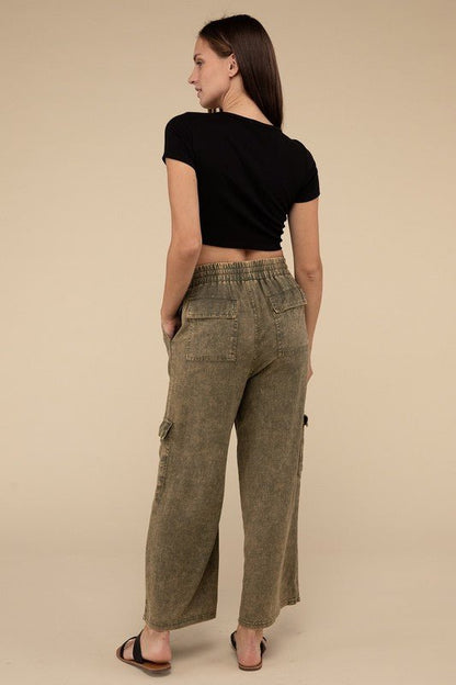 Washed Linen Elastic Band Waist Cargo Pants - Global Village Kailua Boutique