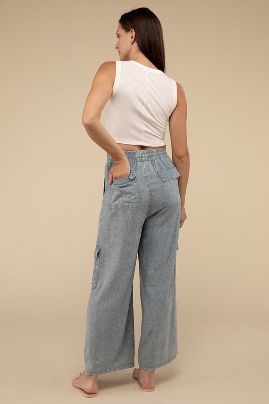 Washed Linen Elastic Band Waist Cargo Pants - Global Village Kailua Boutique