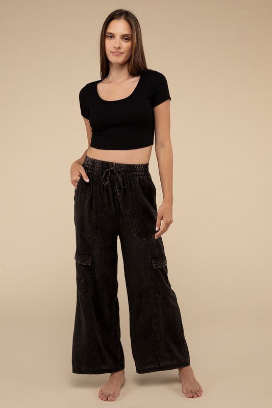 Washed Linen Elastic Band Waist Cargo Pants - Global Village Kailua Boutique