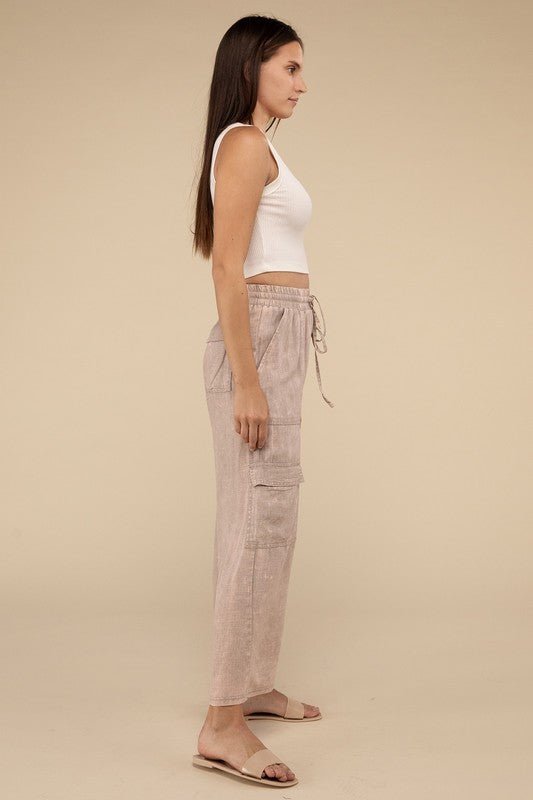 Washed Linen Elastic Band Waist Cargo Pants - Global Village Kailua Boutique