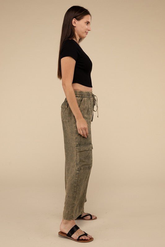 Washed Linen Elastic Band Waist Cargo Pants - Global Village Kailua Boutique