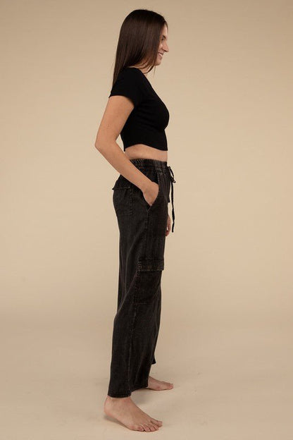 Washed Linen Elastic Band Waist Cargo Pants - Global Village Kailua Boutique