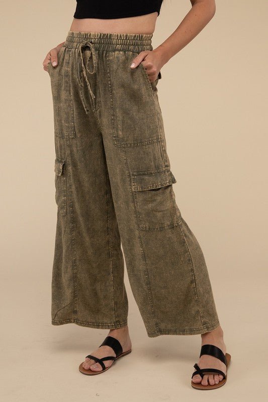 Washed Linen Elastic Band Waist Cargo Pants - Global Village Kailua Boutique