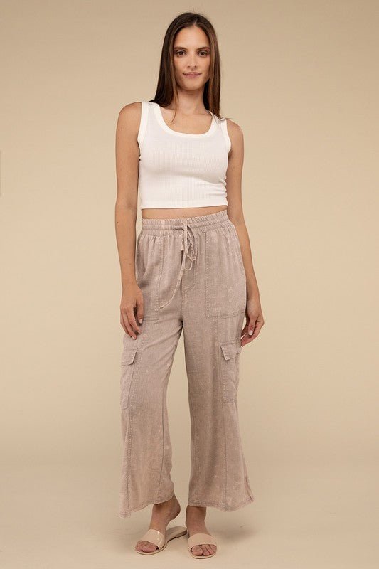 Washed Linen Elastic Band Waist Cargo Pants - Global Village Kailua Boutique