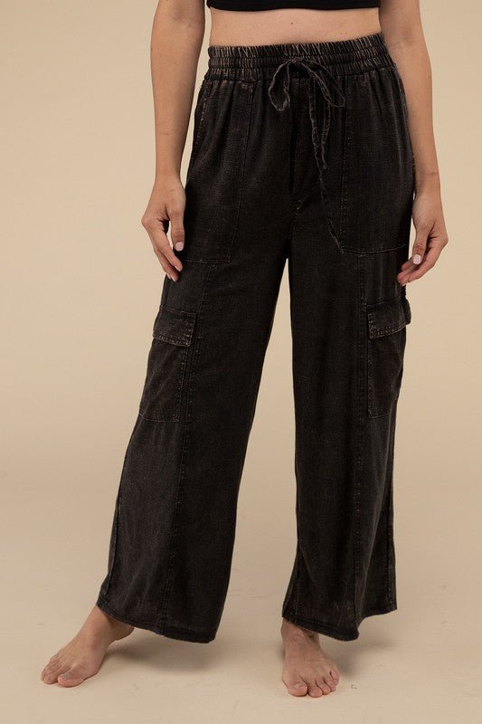 Washed Linen Elastic Band Waist Cargo Pants - Global Village Kailua Boutique