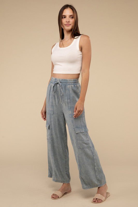 Washed Linen Elastic Band Waist Cargo Pants - Global Village Kailua Boutique