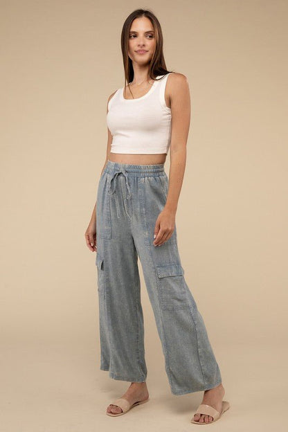 Washed Linen Elastic Band Waist Cargo Pants - Global Village Kailua Boutique