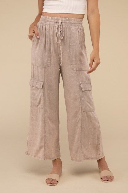 Washed Linen Elastic Band Waist Cargo Pants - Global Village Kailua Boutique