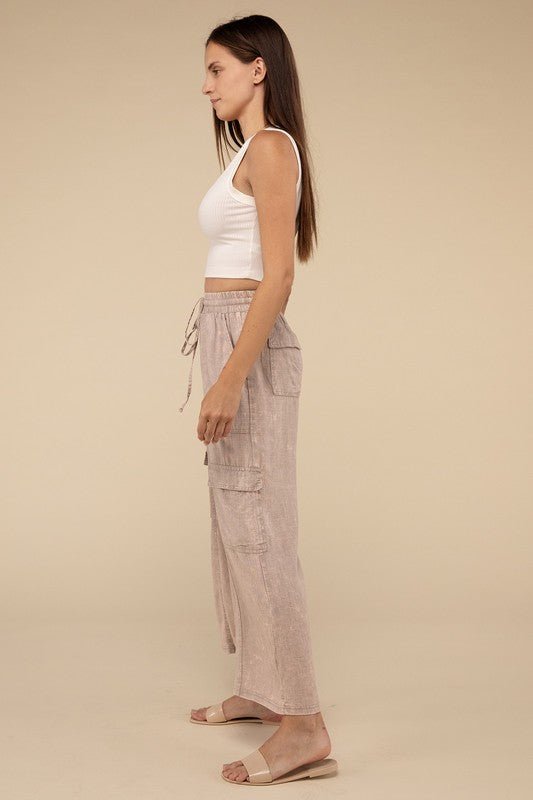 Washed Linen Elastic Band Waist Cargo Pants - Global Village Kailua Boutique