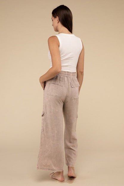 Washed Linen Elastic Band Waist Cargo Pants - Global Village Kailua Boutique