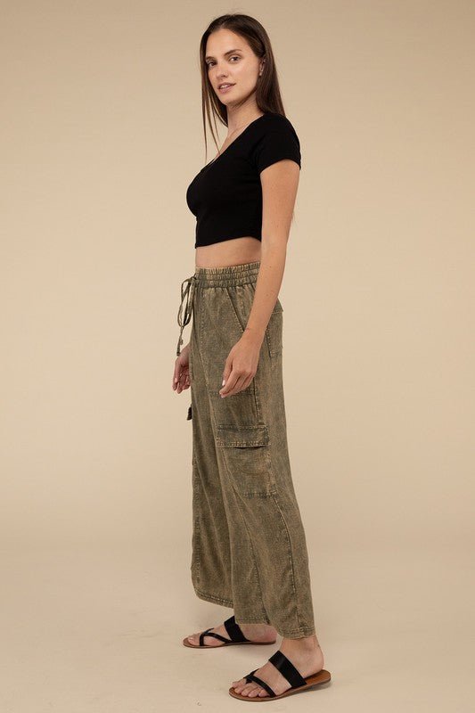 Washed Linen Elastic Band Waist Cargo Pants - Global Village Kailua Boutique