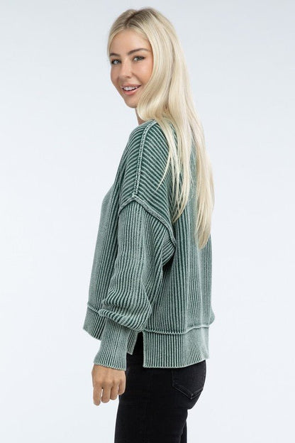 Washed Side Slit Oversized Cropped Sweater - Global Village Kailua Boutique