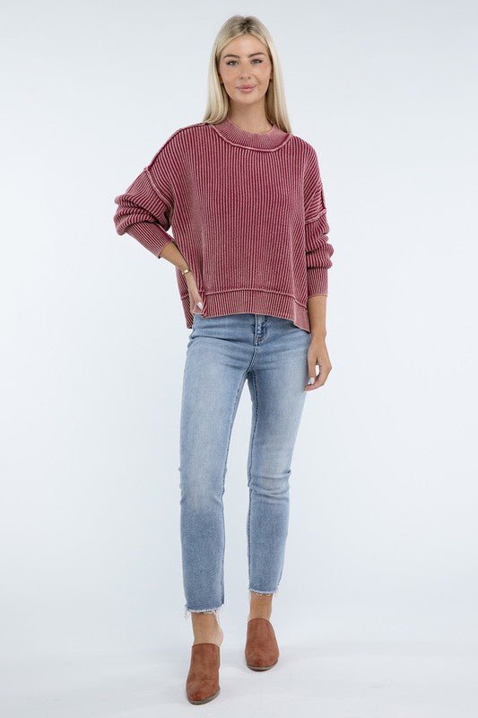 Washed Side Slit Oversized Cropped Sweater - Global Village Kailua Boutique