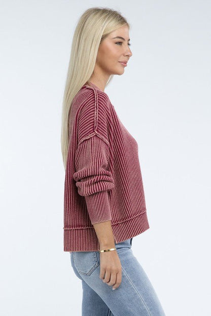 Washed Side Slit Oversized Cropped Sweater - Global Village Kailua Boutique