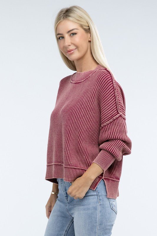 Washed Side Slit Oversized Cropped Sweater - Global Village Kailua Boutique